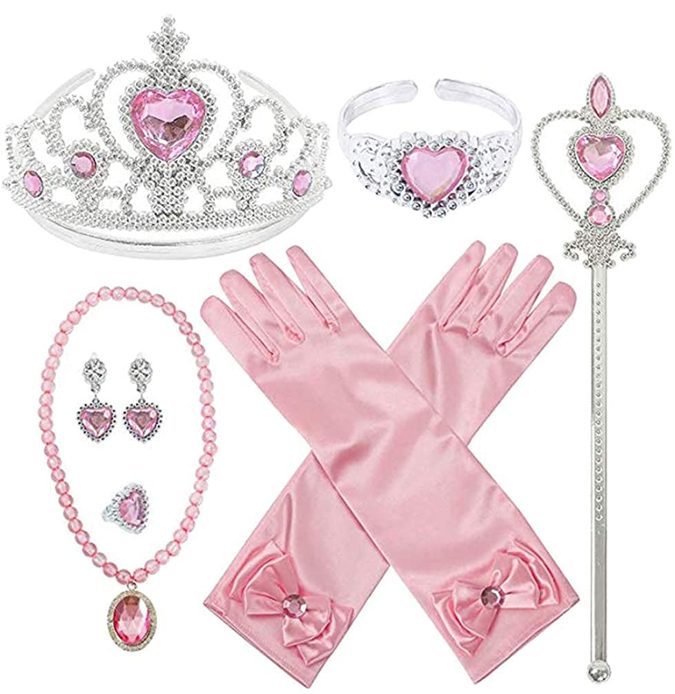 Frozen Elsa 6-Piece Costume Accessory Set (Heart Tiara, Magic Wand, Gloves, Necklace, Ring, and Earrings) (Pink)