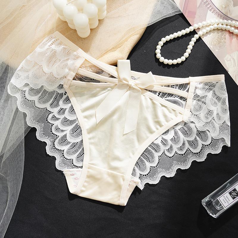 Bowknot Hollow Lace Panties for Women Satin Pure Cotton Crotch Breathable Sexy Mid-waist Women Briefs Underwear Knickers