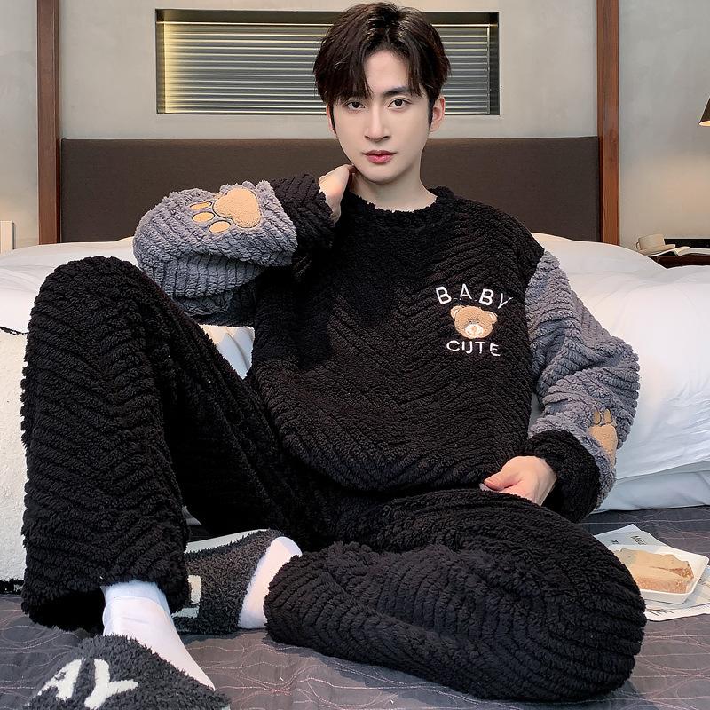 Men's pajamas coral fleece autumn and winter warm home leisure suits can be worn outside plush loungewear men's