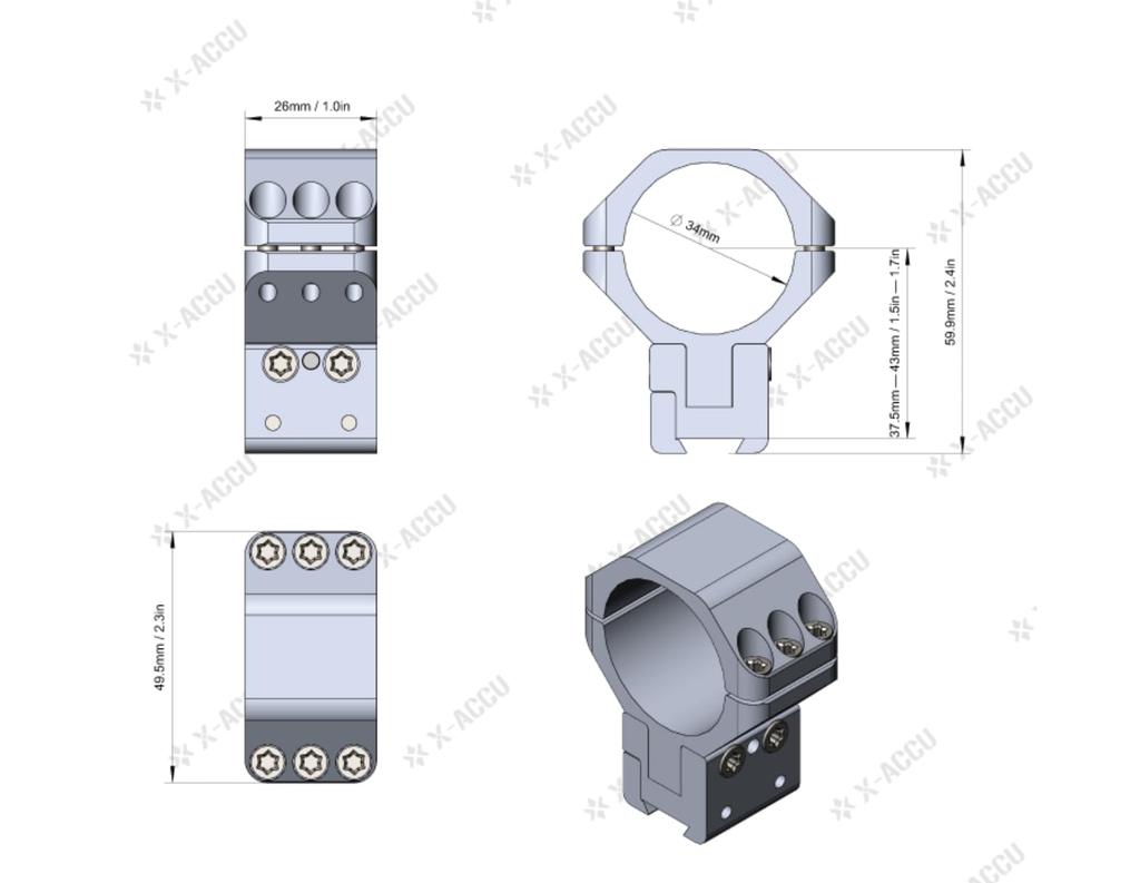 Vector Optics 34mm Adjustable Elevation Dovetail Rings X-ACCU XASR-3055