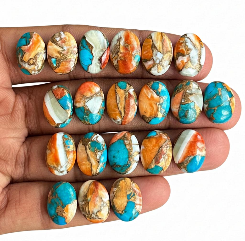 Natural Oyster Turquoise Gemstones: Multicolor 10x14mm Oval Shape Cabochons