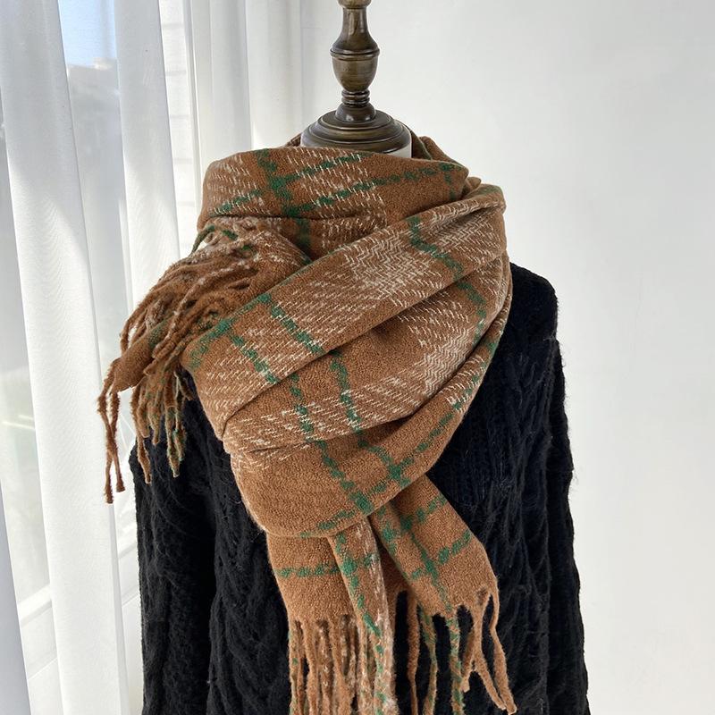Plaid Scarf Women's Autumn and Winter New Retro Shawl Imitation Cashmere Warm Fringed Scarf