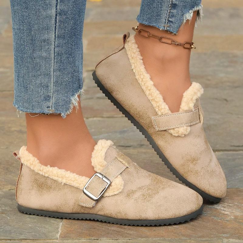 Fashion Comfortable Women Winter Fashion Shoes Arch Support Cozy Home Furry Suede Mules Shoes Cork Insole Warm Plush Slippers Shoes