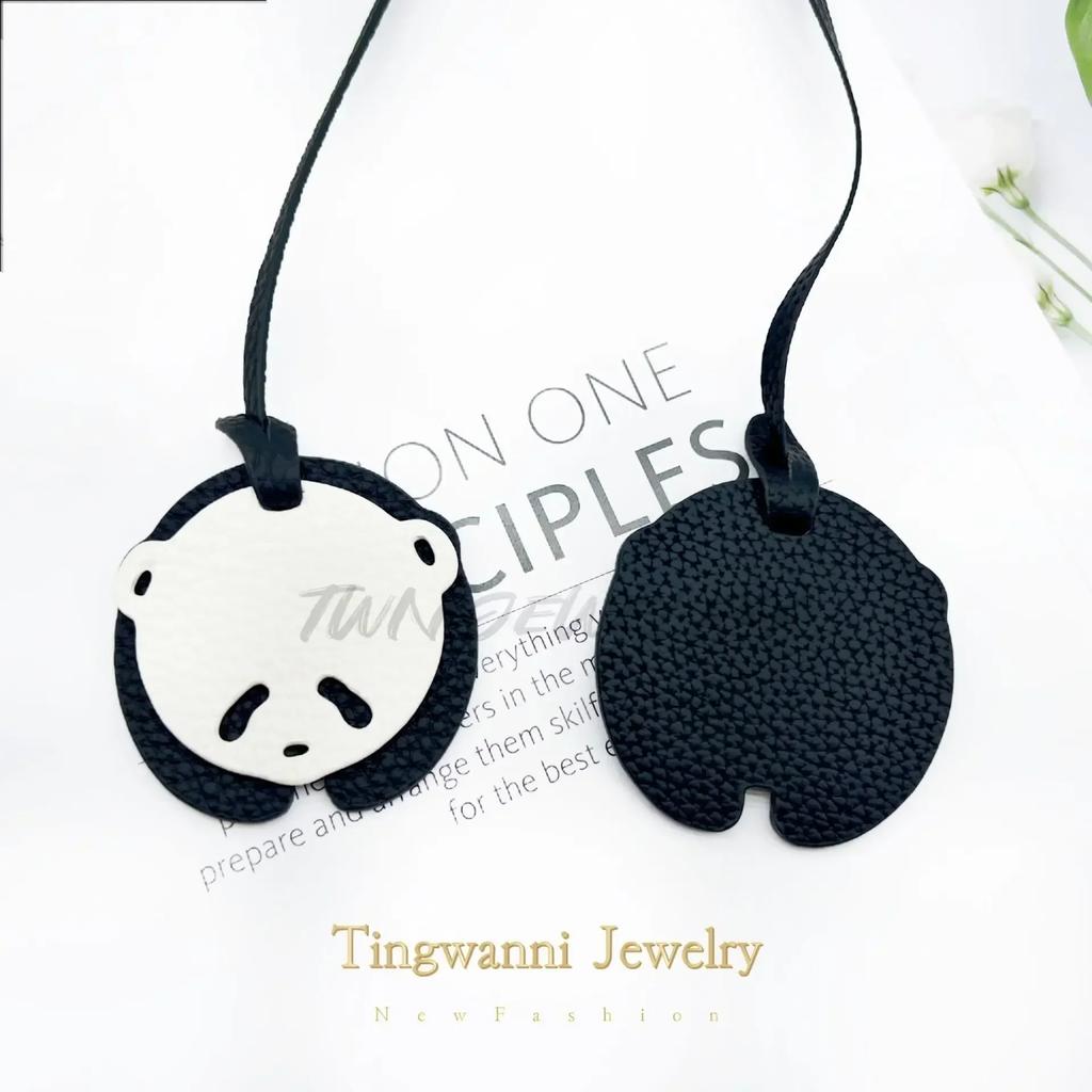 Cute panda bag pendant, top layer cowhide charm, leather backpack, animal charm key chain