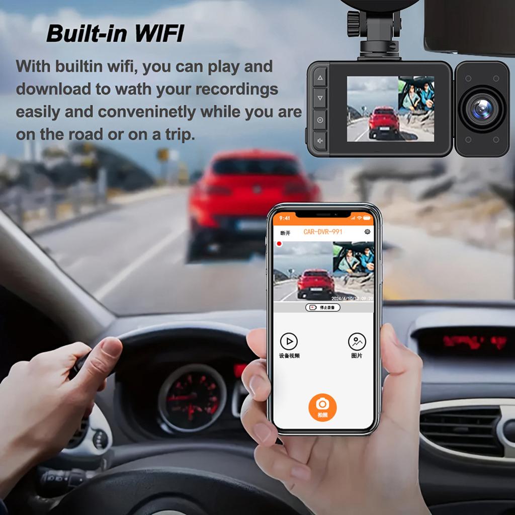 WIFI Car Recorder Front and Rear Inside 3 Channel for Cars 1080P 3 Ways with Night Vision G-sensor