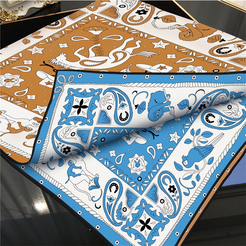 POBING Manual Hand Rolled Twill Silk Scarf Women Animals Double Print Square Scarves Wraps Echarpes Foulards Femme Hijab 90CM