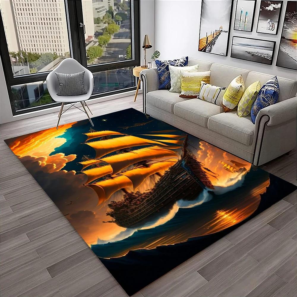 3D Piratenschiff Boot, Bark, Segelboot Teppich für Zuhause Wohnzimmer Schlafzimmer Sofa Fußmatte Dekor, Kinderbereich Teppich Rutschfeste Bodenmatte
