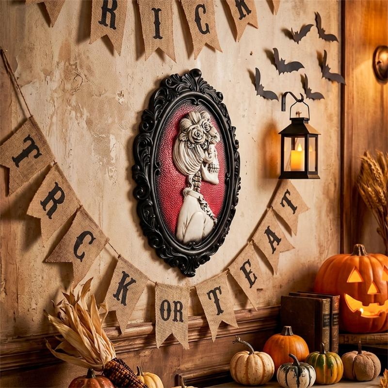 Skeleton Wall Art Decors Gallery Wall Plaque with Skull Portrait, Black Frame and Raised Relief Form for Entryway Accent or Bedroom Hanging Display