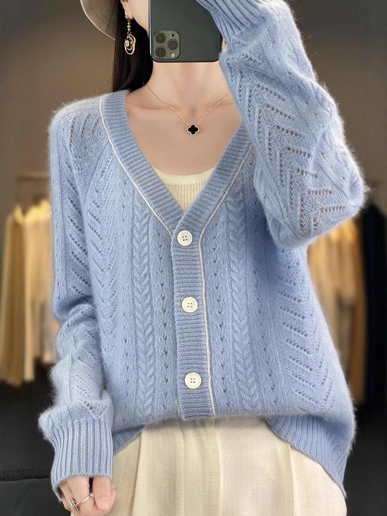 Damen Strickjacke aus Wolle mit hohlem V-Ausschnitt - Herbst/Winter Langarm Kaschmirpullover