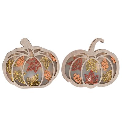 Fall Harvest Festivals Wooden Pumpkin Table Sign Leaf Cutouts LED Light Decoration Home Accent For Seasonal Display