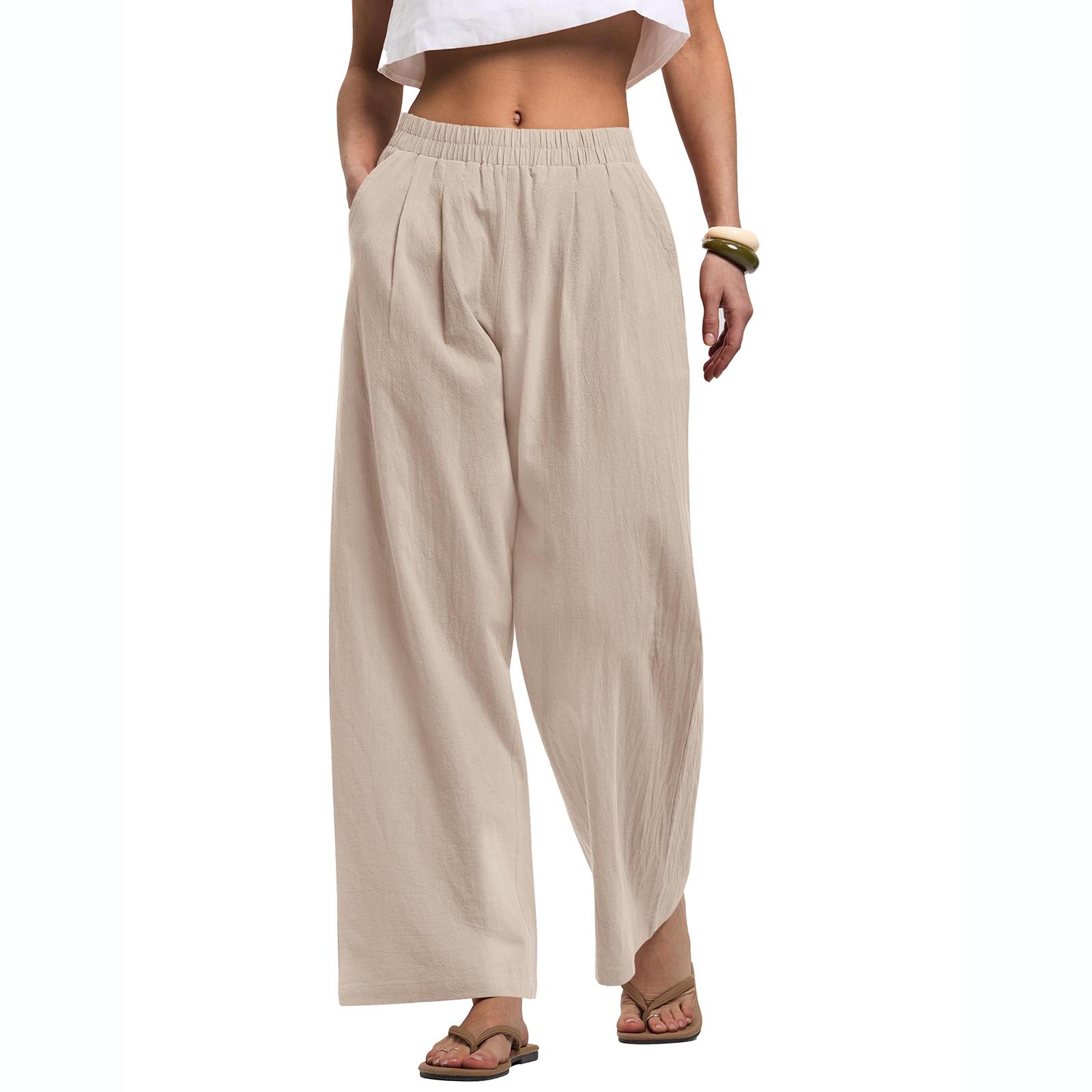 Women s Casual, Loose-Fitting, Flowy Linen Wide-Leg Beach Pants L бежевый