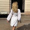 Printed long-sleeved dress, European, American spring and summer new lantern sleeves V waist short long-sleeved dress
