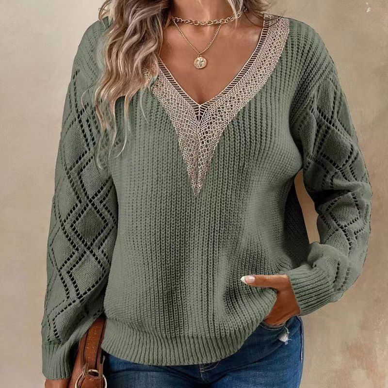 

Fashion Wind New Arrival V-neck Lace Sweater Loose Casual Sweater V-Neck Lace Knit Sweater Olive green M