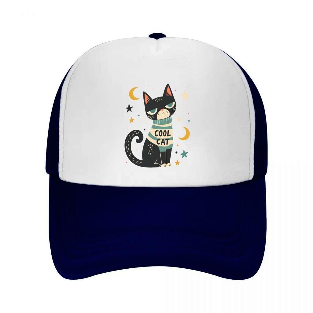 Playful Midnight Cat Star Illustrati Mesh Baseball Cap Casual Hat Outdoor For Womens Unisex FeUnisex
