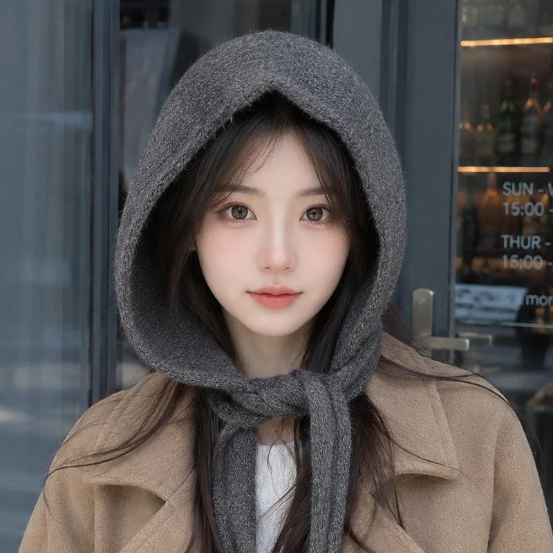 Korean version ins balaclava hat scarf integrated warm red knitted hat ear protector wool hat big head circumference