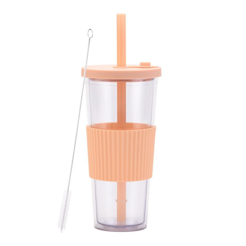2025 Large Capacity Double Layer Plastic Cup Large Hole Straw Pearl Boba Milk Tea Cup Portable Outdoor Straw Cup