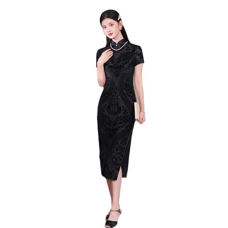 Elastic mesh flocking long short-sleeved cheongsam early autumn new fashion slim-fit high-end daily cheongsam skirt
