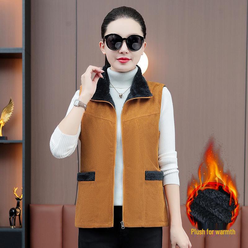 Vestă cu guler din catifea de modă pentru femei de vârstă mijlocie: Cardigan slăbit, stilat, cu fermoar, cu fermoar, pentru primăvară și toamnă