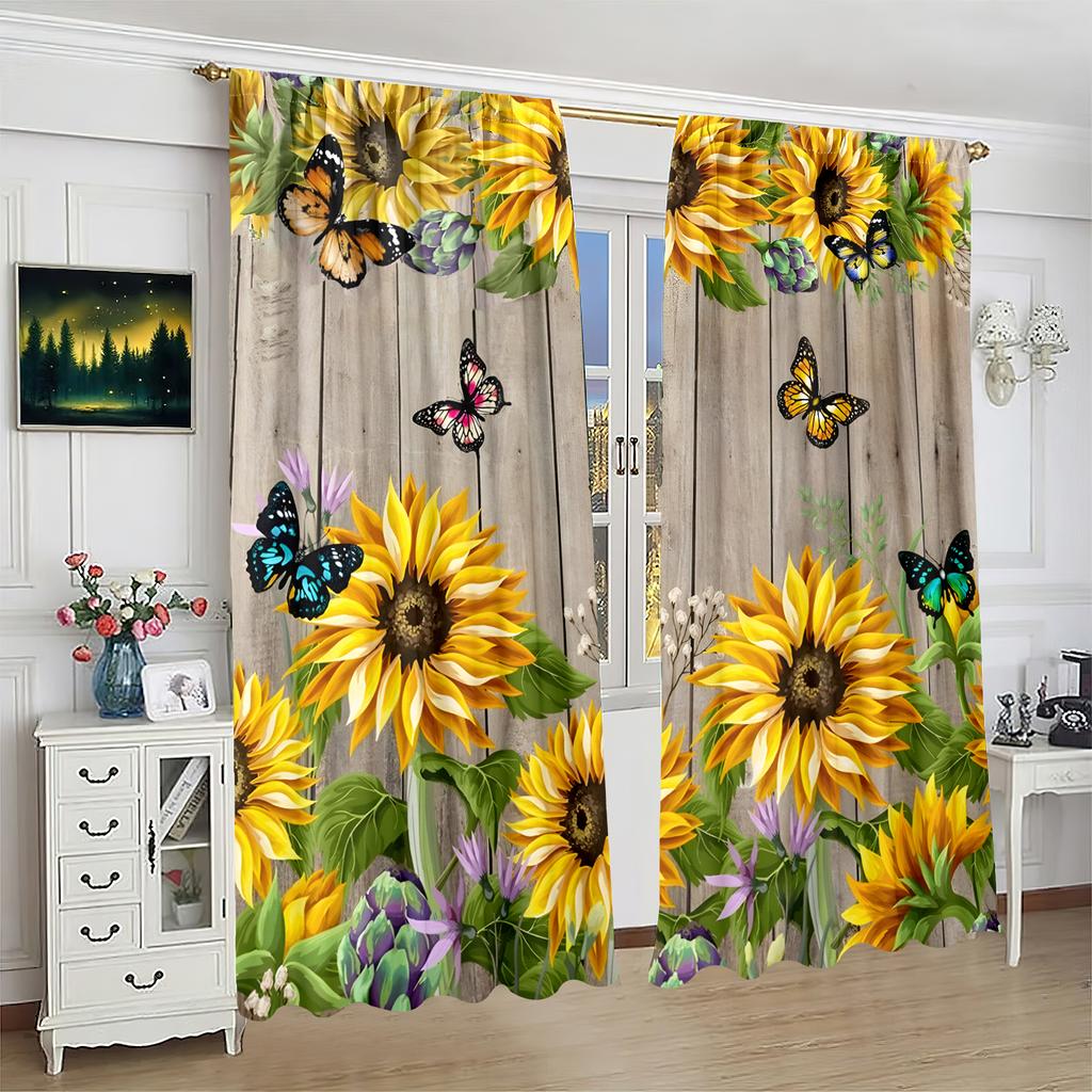 2 Pieces of Sunflower Print Curtain - Polyester Material - Suitable for Bedroom Living Room Study Room Anti-privacy Curtain