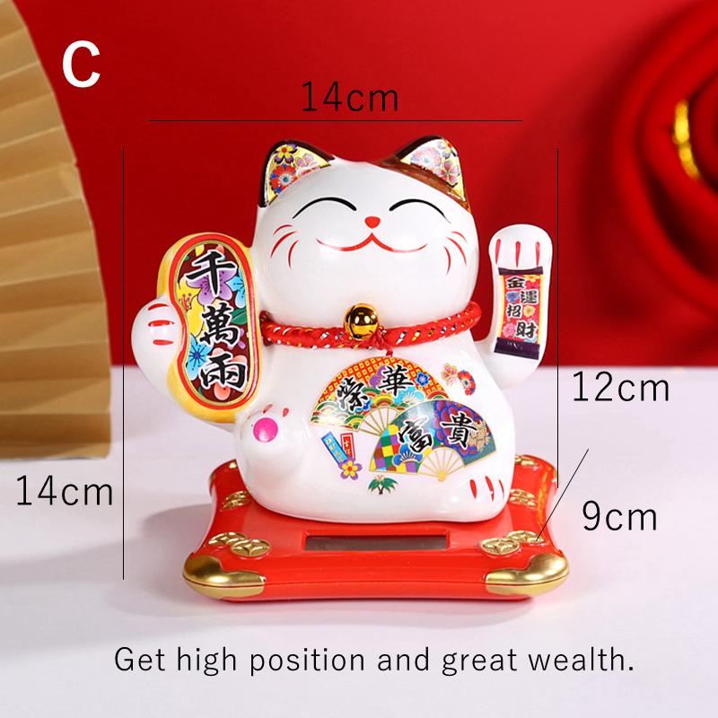 5.5 Inch Ceramic Maneki Neko Statue Solar Powered Beckoning Cat Waving Hand Lucky Cat Ornament Car Desktop Decoration Kitten