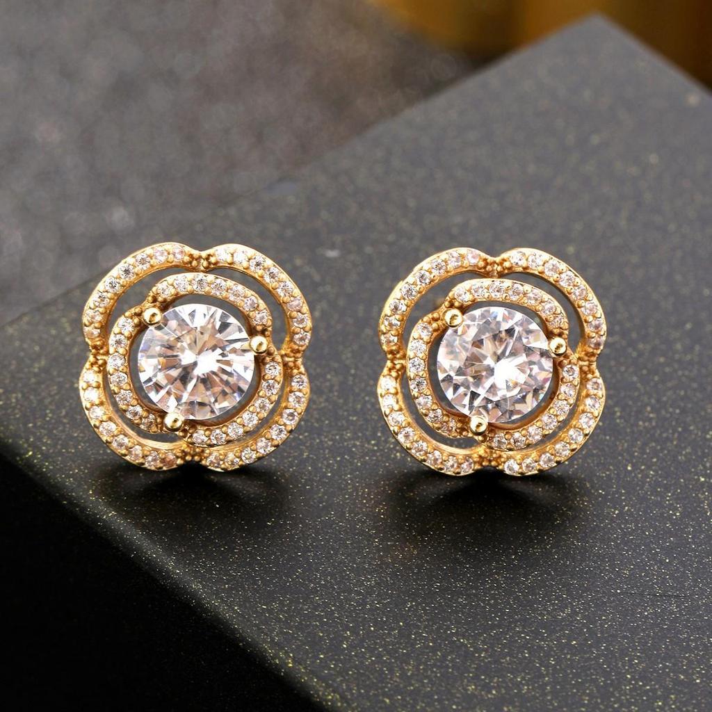 Elegant Korean Rhinestone & Black Crystal Stud Earrings, S925 Sterling Silver