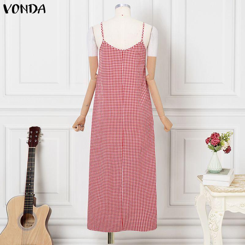 VONDA Summer Women Sleeveless Strap Plaid Print Casual Long Dress Sundress