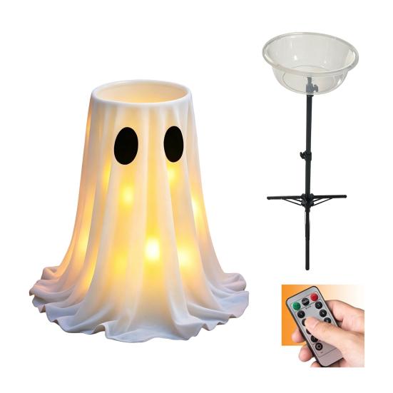 Decoração de Halloween Yousheng com Luz LED de 8 Modos com Controle Remoto, Tigela de Doces Fantasma com Suporte de Tripé, Porta-Doces Fantasma Fofo para a Frente
