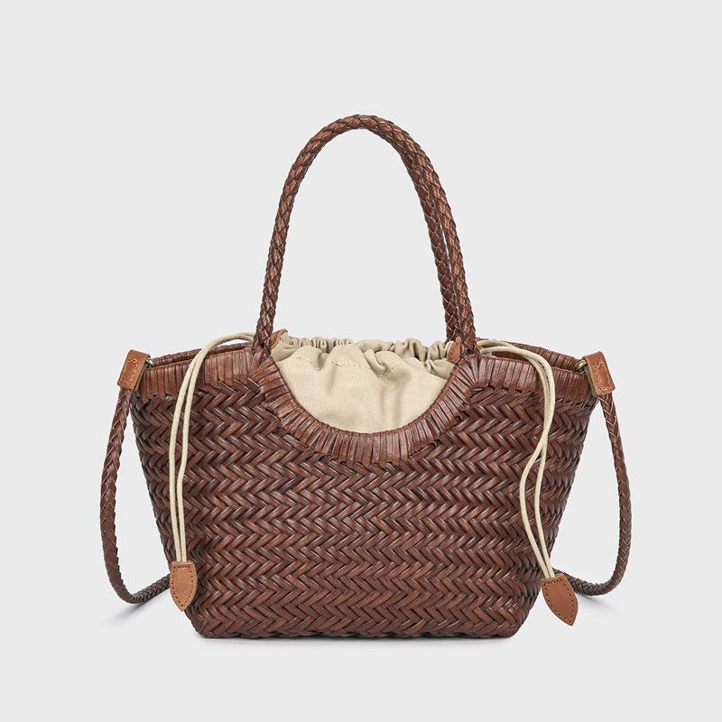 

Genuine Cowhide Retro Woven Shoulder Bag, Basket Bag With Inner Pocket Beach Vacation Crossbody Bags High Quality Bucket Bag коричневый