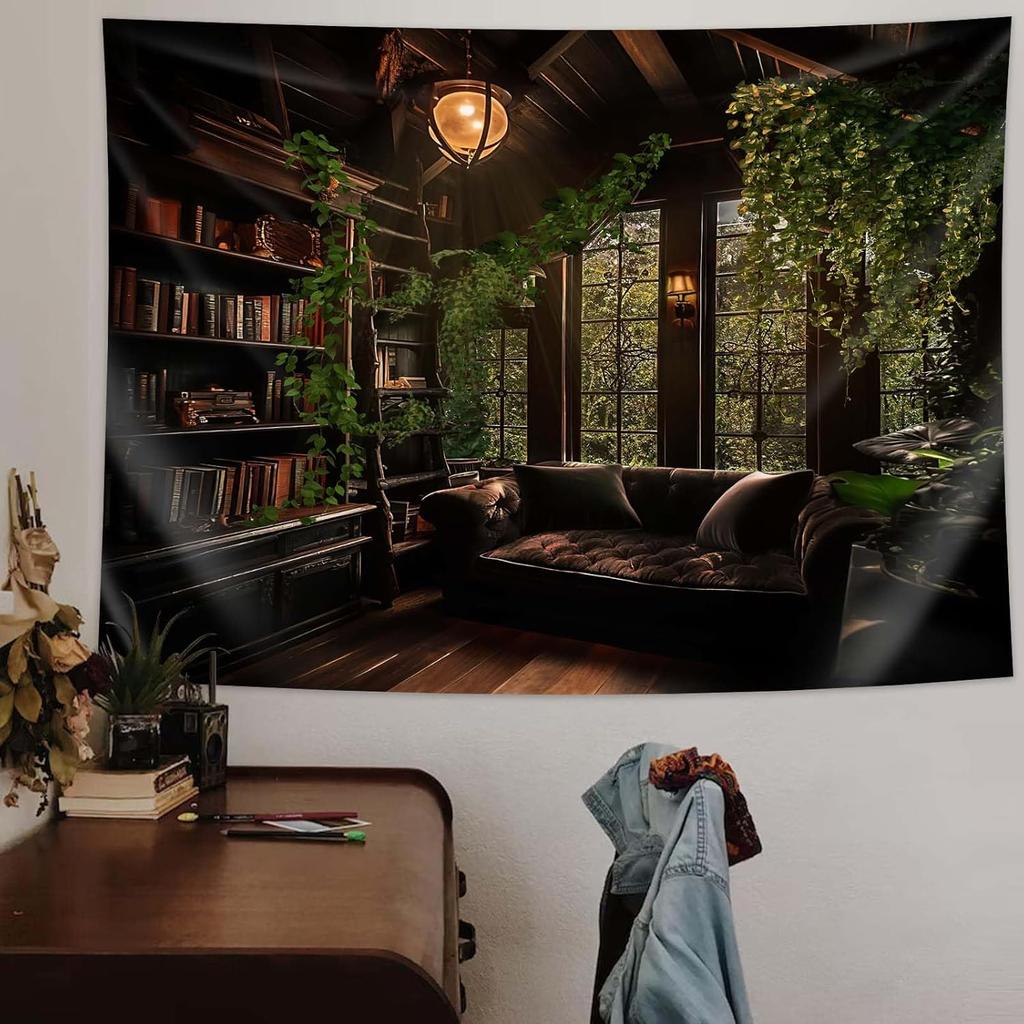 Mittelalterliches Bücherregal Wandteppich Wandbehang Buchbibliothek Kulisse Bücherregal Dark Academia Vintage Wanddekoration für Schlafzimmer Ästhetisch