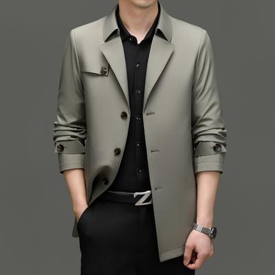Men's Windbreaker Mid-length Jacket Spring and Autumn Business Casual Middle-aged Men's Anti-wrinkle Simple Lapel Top