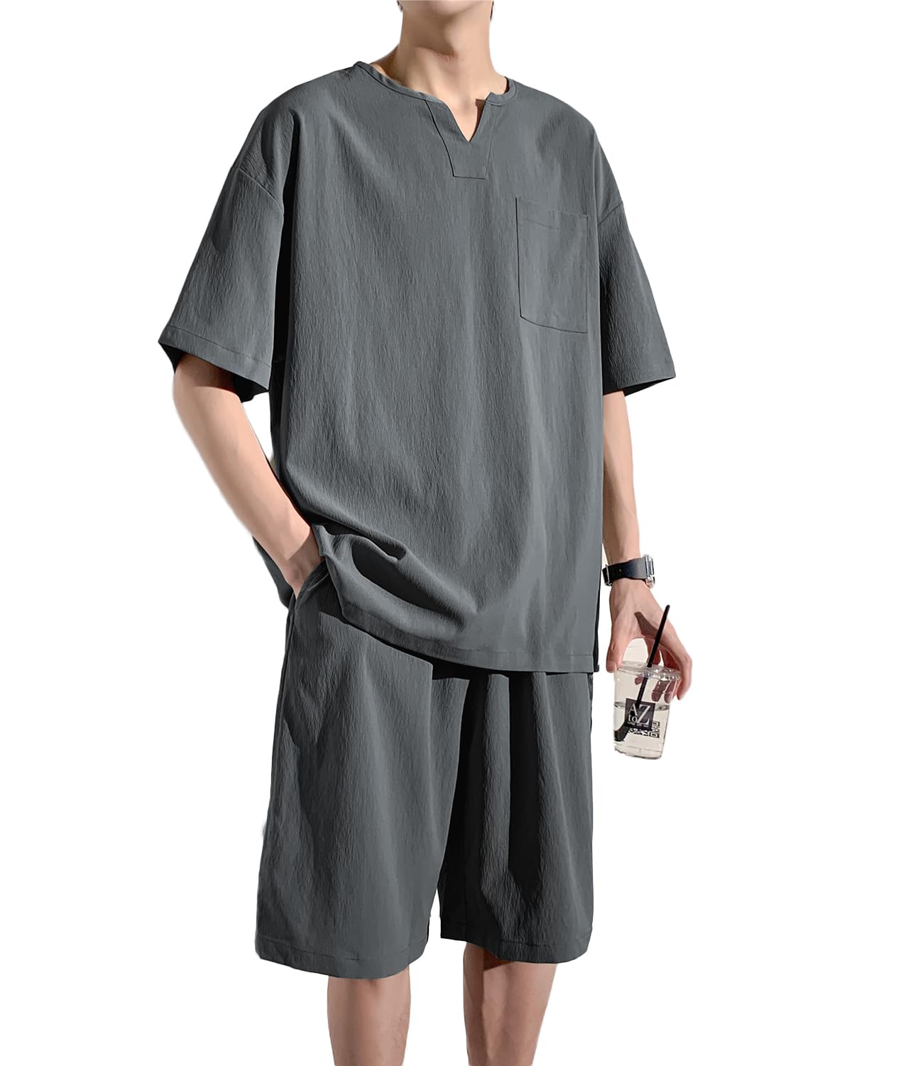

Set up for short top and bottom summer large loose 2XL [Atkata] men, summer, sleeve, set, loungewear, use, size, fitting, comfortable, grey, серый