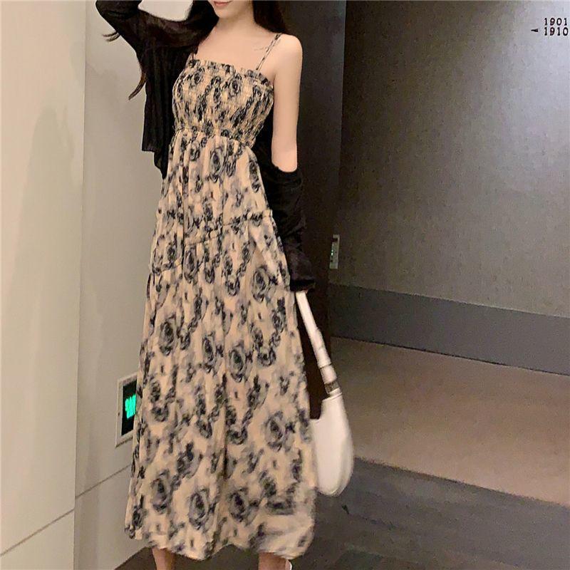 Plus Size French Floral Camisole Dress with Cardigan, Slimming Summer Long Dress for 2026