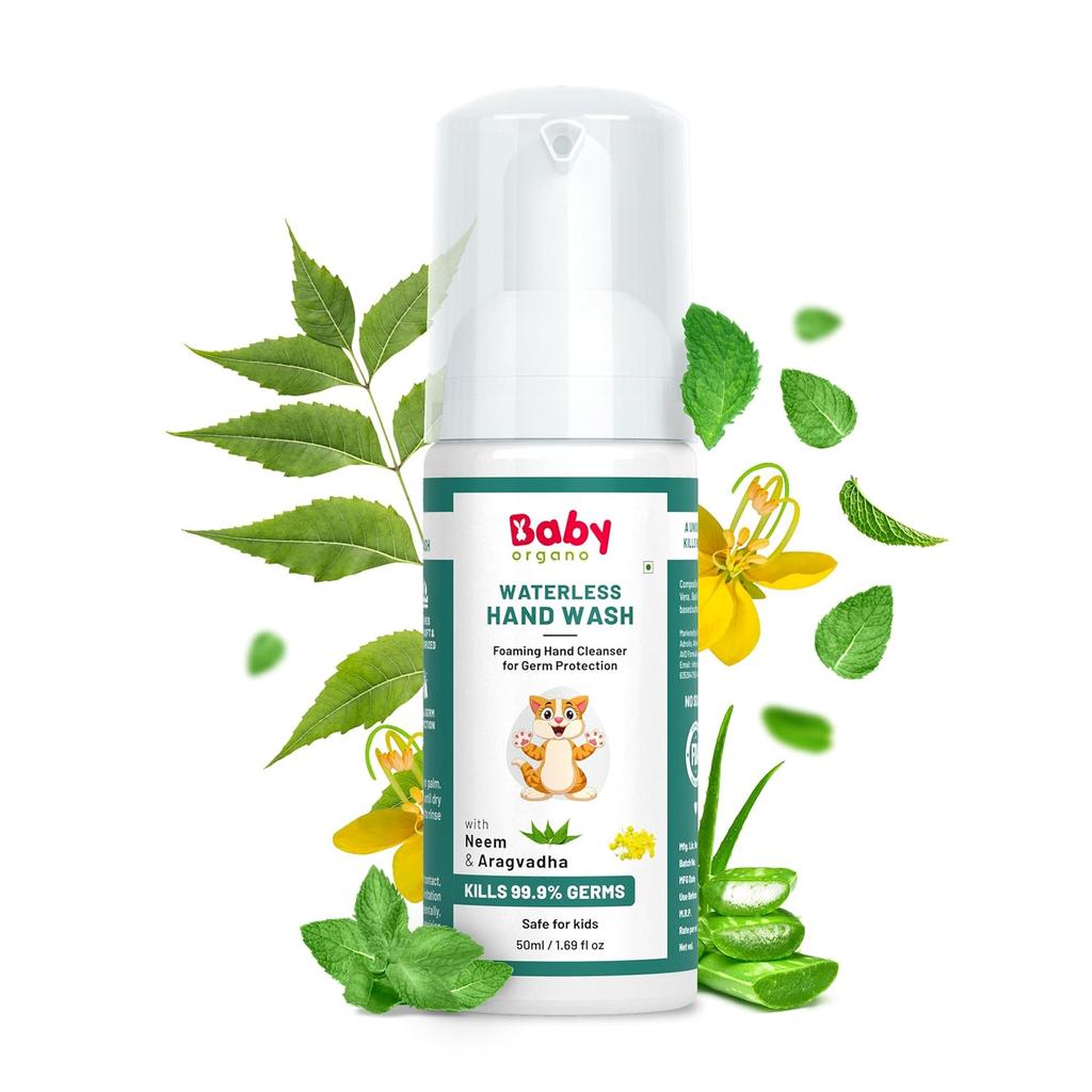 Babyorgano Savon pour les mains moussant sans alcool pour enfants, 100% naturel et protection contre les germes, bienfaits d'Aragvadha, d'Aloe Vera et de Neem - 50 ml
