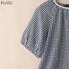 ZANZEA Women Grid Print Casual Round Neck Summer Short Sleeve Blouse