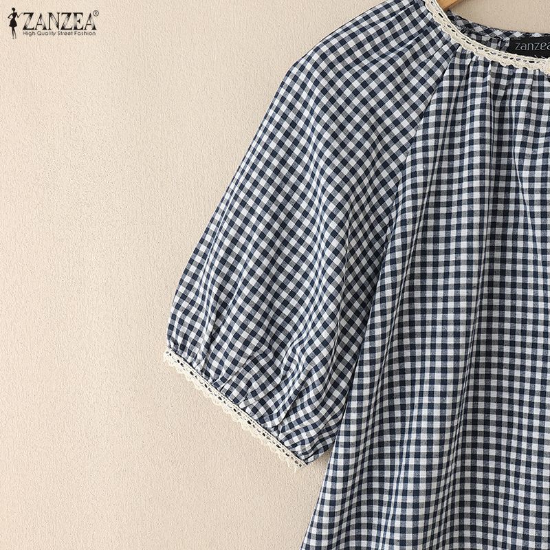 ZANZEA Women Grid Print Casual Round Neck Summer Short Sleeve Blouse