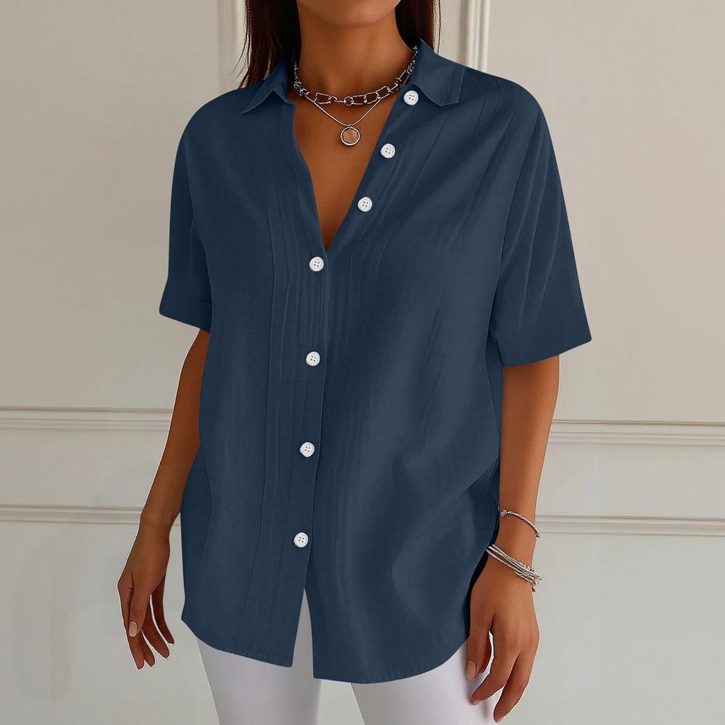 Chemise à manches courtes boutonnée et col pour femme -couleur