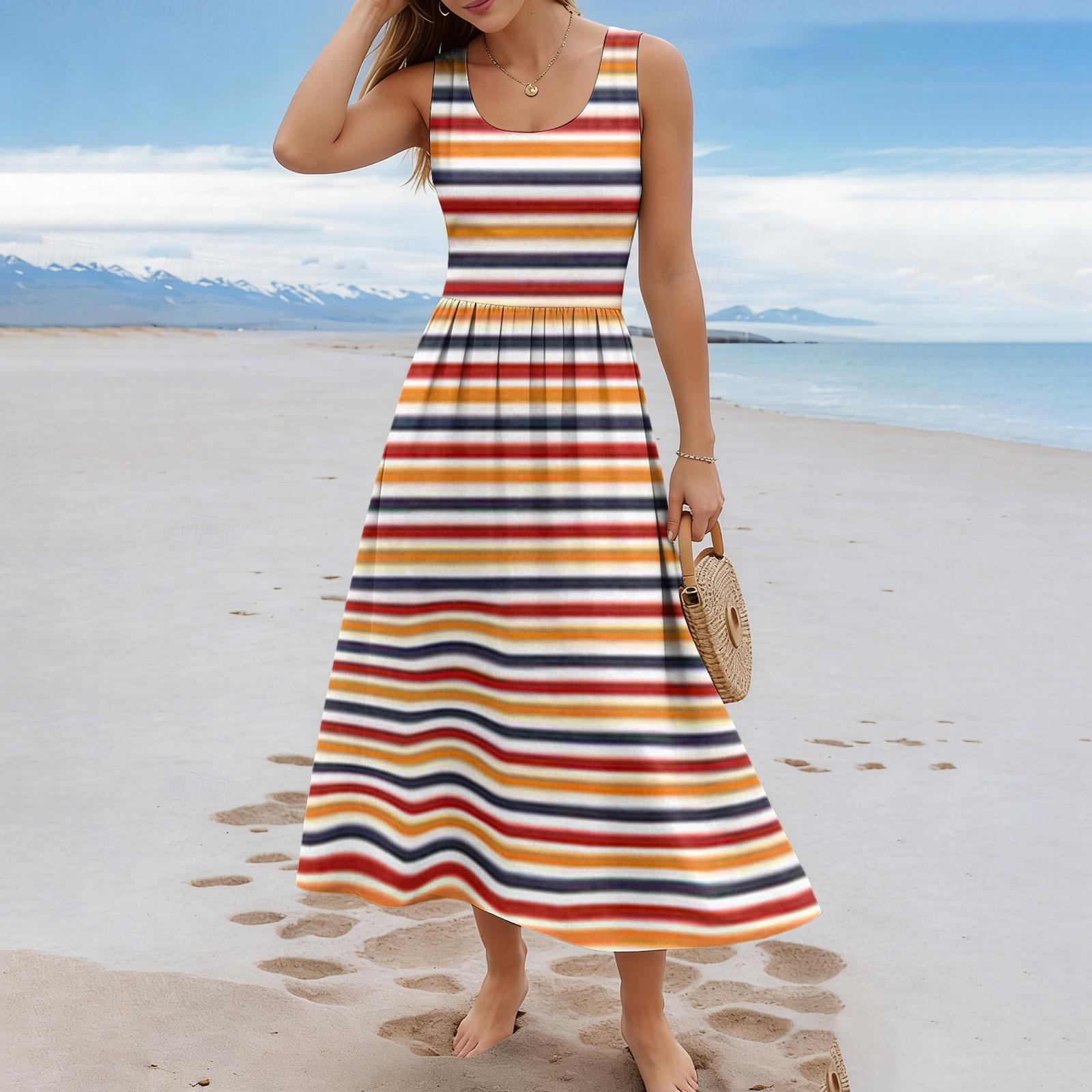 Ladies  striped summer casual and fashionable sleeveless long dress S