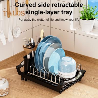 Dish Drying Rack with Cutlery Holder Large Capacity Strong Load-bearing Countertop Extendable Dish Rack with Drain Board