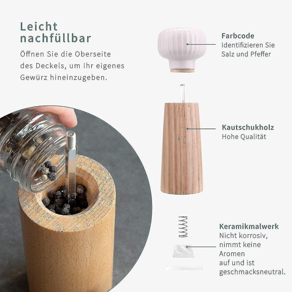 Wooden and Ceramic Salt and Pepper Grinder - Pepper Shaker Shape Spice Grinder with Adjustable Grind