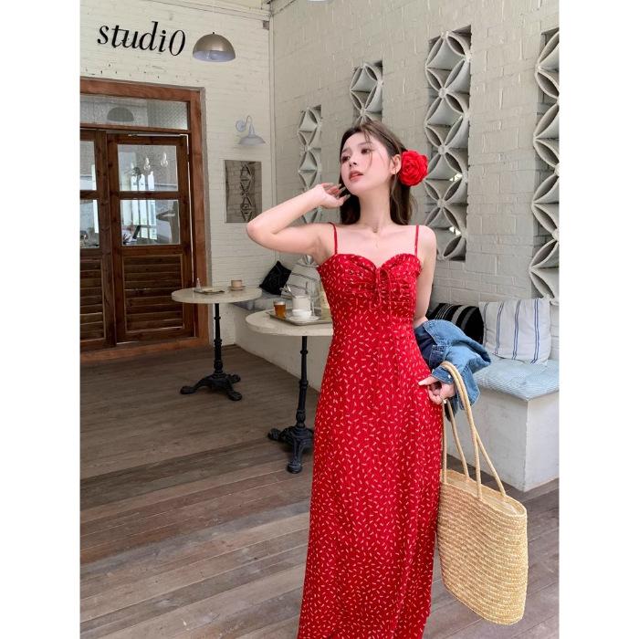 

[Shoulder strap adjustable + rear pick-up] floral dress dress women s clothing summer Spice Girl a-word skirt suspender skirt seaside length XL червоний
