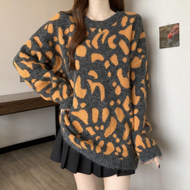 American Leopard Print Loose Long Sleeve Knit Pullover Plus Size Sweater for Women