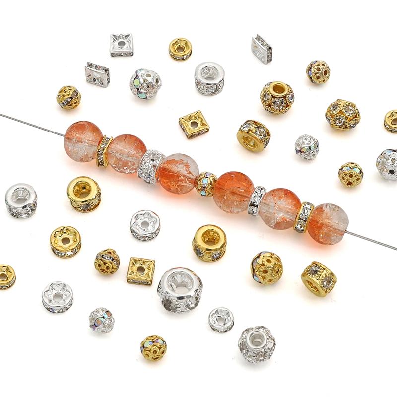 Crystal Rhinestone Metal Space Beads Loose Spacer Beads for Earring Bracelet NecklaceKeychain DIY Jewelry Findings Making Accessories