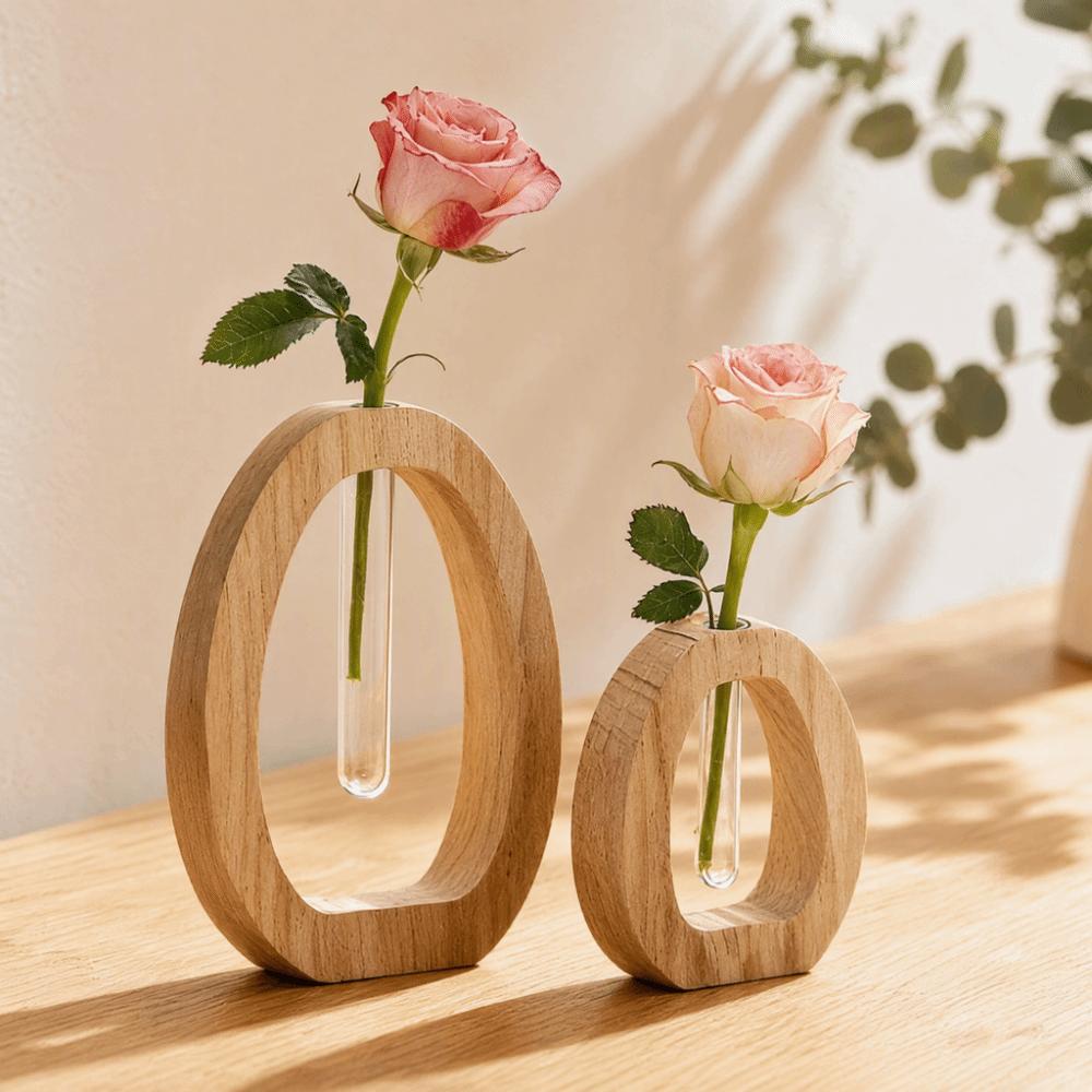 Wooden Glass Cylinder Tube Vase Creative Green Plant Rearing Vase Indoor Plant Display