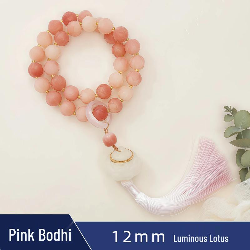 Zen Style Bodhi Root Bracelet with Lotus Pendant for Women, 108 Pink Beads