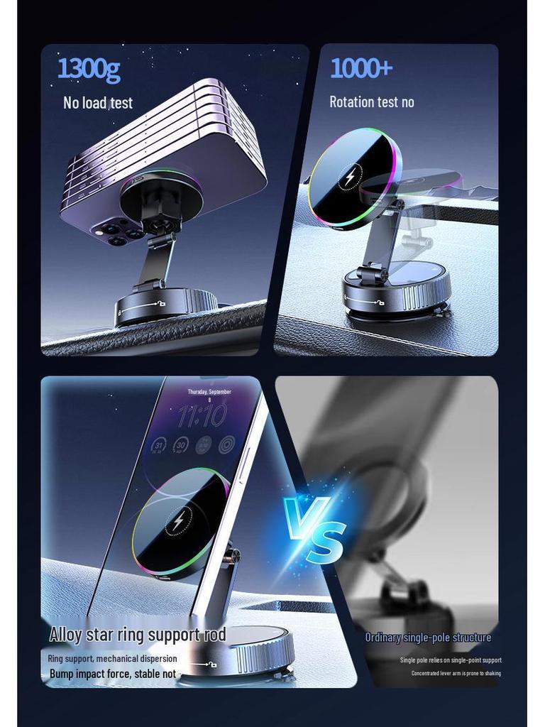 2025 Wireless Charger Car Mount with Nano Adhesive, Magnetic Suction Cup, and Seven-Color Ambient Light.