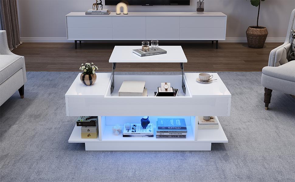 98*45*40cm Lift Coffee Table with Lift Tabletop, Height-Adjustable, 2 Flip-Top Cabinets, Semi-Open Storage, High-Gloss, LED, White
