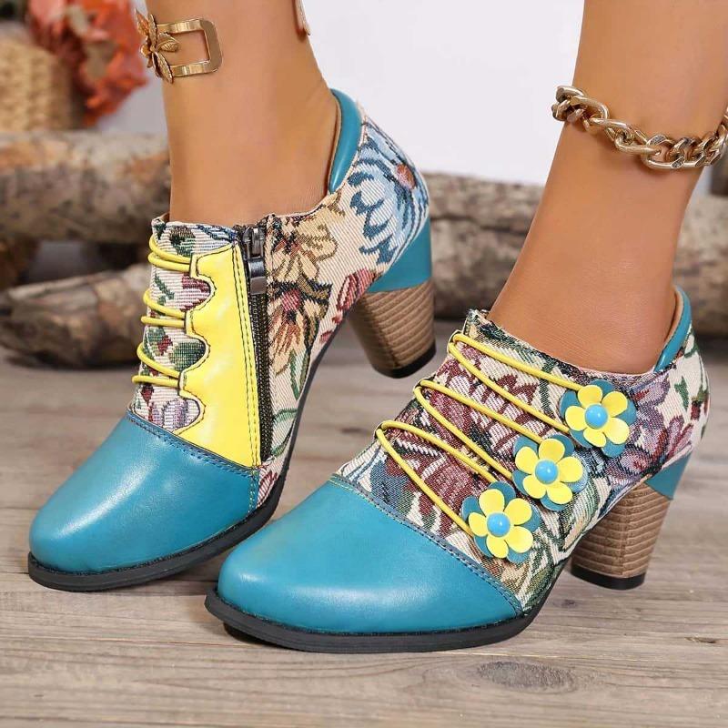 Fashion Designer Boots Fashion Women High Heeled Boots Retro Print Design Ankle Boots Light PU Leather Womens Casual Booties Botas Mujer