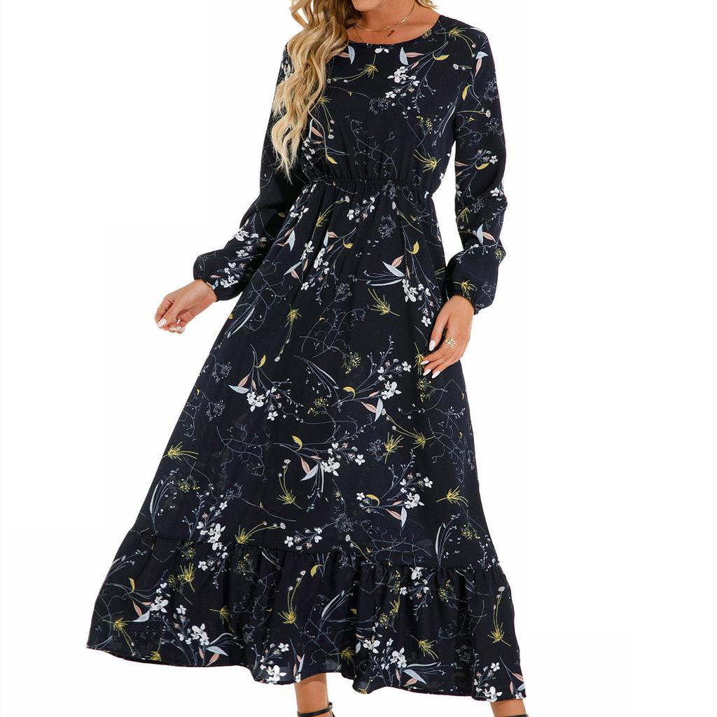 Women Spring Autumn O Neck Long Sleeve A Line Slim Elastic Waist Floral Print Long Dress Ruffle Clothing
