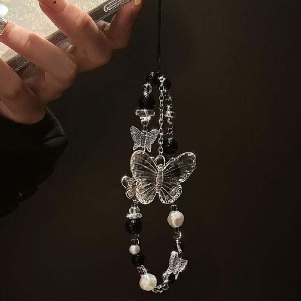 Y2K Clear Bead Phone Strap Fashion Bowknot Wrist Short Rope Phone Lanyard  Phone Bag Accessories