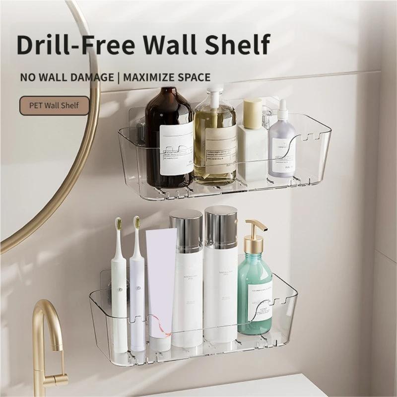 Bathroom Wall Shelf with Open Base, Adhesive Shower Storage Rack for Mounting of Bottles, Soap and Daily Use Items near Sink Side Storage